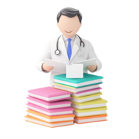 A doctor stands with a stack of colorful books, symbolizing knowledge and education in the medical field. png