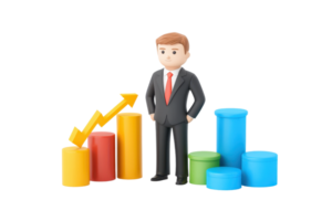 A professional character stands next to colorful bar charts, indicating growth and progress in a business context. png