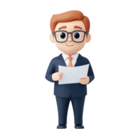 A cartoonish character in a suit holding a document, featuring glasses and styled hair, exuding a professional demeanor. png
