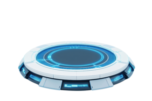 A futuristic circular platform with a glowing blue interface, designed for advanced technology applications. png