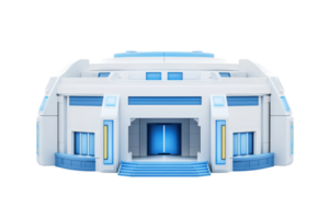 A modern architectural structure featuring a distinctive entrance with blue accents and multiple steps leading up to it. png
