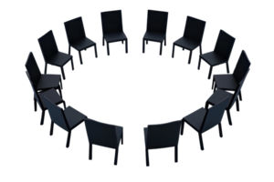 A circular arrangement of chairs, evenly spaced, creating a symmetrical formation. png