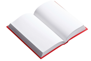 An open book with blank pages, featuring a red spine and edges, inviting content creation and reading exploration. png