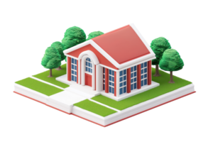 A colorful, stylized building model with a red roof, large windows, and surrounding green trees on a grassy area. png