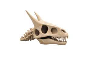 A detailed dragon skull with prominent spikes, hollow eye sockets, and sharp teeth, showcasing intricate skeletal features. png