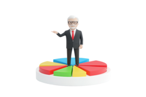 A cartoonish figure of a businessman stands on a colorful pie chart, gesturing as if presenting information. png