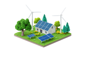 A miniature model of a house surrounded by solar panels, wind turbines, and trees, symbolizing renewable energy and sustainability. png