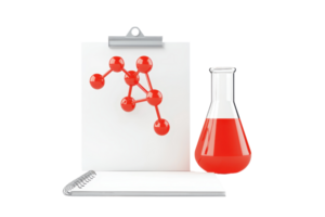 A laboratory setup featuring a beaker with red liquid, a clipboard displaying a molecular structure, and a notepad. png