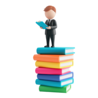 A stylized figure in business attire stands atop a stack of colorful books, holding a book and appearing engaged in reading. png