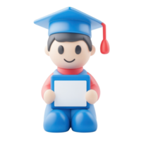 A cheerful graduate figurine wearing a blue cap and gown, holding a blank diploma frame. png