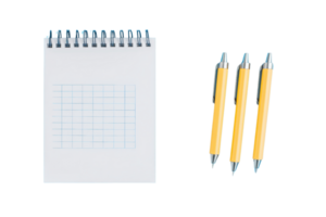 A spiral-bound notebook with a grid pattern and three yellow pens arranged neatly beside it. png
