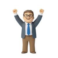A cheerful, animated figure with glasses and a suit raises arms in celebration, exuding a sense of joy and achievement. png