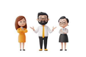 Three cartoon-style characters in professional attire, engaging in conversation, with one male presenting while two females listen. png