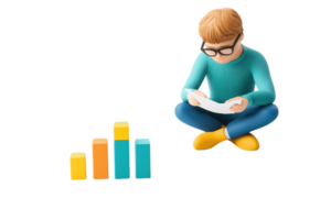 A young boy in glasses sits, reading a document while analyzing colorful bar graphs. png