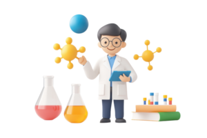 A scientist in a lab coat holding a clipboard, surrounded by colorful flasks and molecular structures, representing chemistry and education. png