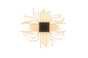 A central microchip with numerous golden connections radiating outward, showcasing its intricate design and technological complexity. png