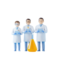 Three scientists in lab coats hold clipboards, standing next to a yellow laboratory flask. png