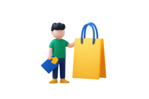 A stylized character holding a shopping bag and a smaller item, symbolizing shopping and consumerism. png