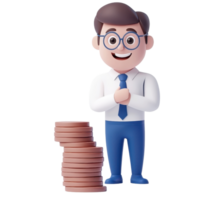 A cartoonish character in business attire stands with a stack of coins, smiling and clasping hands. png