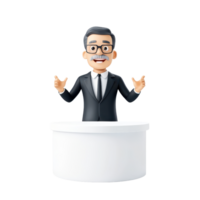 A cartoon-style figure of a man in a suit, with glasses and a friendly expression, gesturing with both hands while standing behind a round podium. png