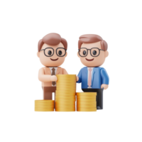 dos animado cifras sonriente mientras apilado oro monedas, simbolizando trabajo en equipo y financiero crecimiento. png