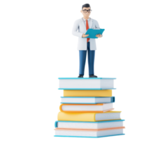 A cartoonish scientist stands on a pile of colorful books, holding a clipboard and wearing glasses, symbolizing knowledge and education. png