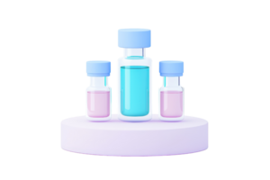 Three medical vials in varying colors, placed on a circular platform, showcasing a blue liquid in the center and pink liquid in two smaller vials. png