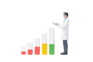 A scientist stands beside a series of graduated test tubes filled with colored liquids, indicating measurement or experimentation. png