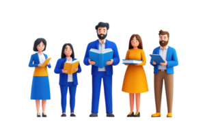 Five diverse individuals are reading books, showcasing a blend of styles and colors in their clothing. png