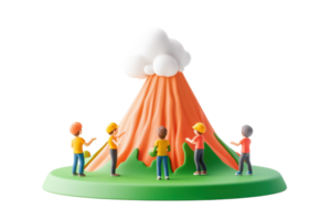 A colorful model of a volcano with people engaging around it, showcasing an eruption scenario with vibrant lava and clouds. png