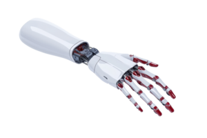 A robotic hand showcasing intricate mechanical details and a sleek design with a combination of white and red colors. png