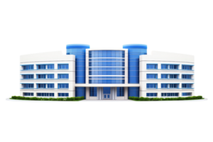 A modern architectural building with multiple levels, large glass windows, and a sleek design featuring blue accents. png