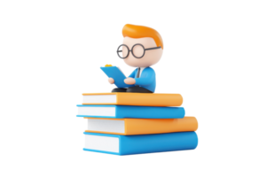 A cartoon character with glasses sits atop a stack of colorful books, reading attentively while holding a clipboard. png