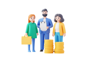 Three stylized figures represent a business scenario, with one holding a clipboard and two others standing beside stacks of coins. png