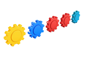 Colorful interlocking gears in a row, showcasing a mechanical theme with distinct hues of yellow, blue, red, and green. png