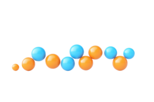 A series of colored spheres arranged in a linear pattern, featuring blue and orange hues, varying in size. png