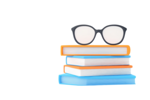A stack of colorful books topped with stylish eyeglasses, symbolizing knowledge and reading. png