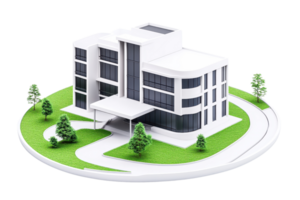 A modern architectural model featuring a multi-story building with large windows and landscaped surroundings. png