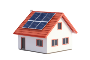 A small house with a red roof and solar panels on top, emphasizing eco-friendly energy solutions. png