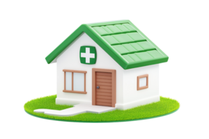 A small, colorful model house featuring a green roof and a red cross symbol, representing a medical or first aid facility. png