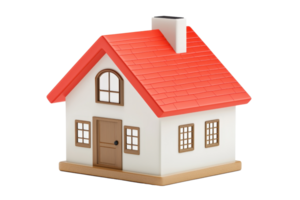 A small, colorful model house featuring a red roof, multiple windows, and a door, designed for decorative or educational purposes. png