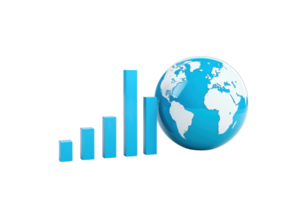 A blue globe next to ascending bar graphs symbolizes global growth and progress in data or finance. png