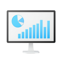 A computer monitor displaying a blue bar graph and pie chart, illustrating data analysis and presentation. png