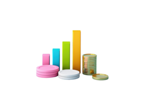 Colorful bars and coins arranged in a rising sequence, showcasing growth and financial concepts. png
