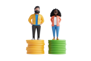 Two stylized figures stand on colorful stacks, representing diversity and equality. png