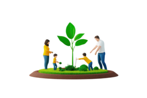 A family plants a young green tree together, demonstrating teamwork and care for the environment. png