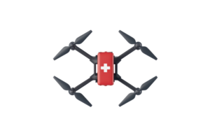 A red and black drone featuring a white cross emblem, designed for medical or rescue operations, with four propellers for flight. png