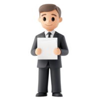 A cartoon character in a suit holding a blank sheet of paper, smiling confidently and standing upright. png