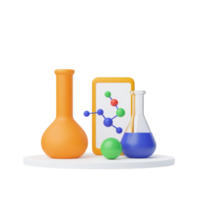 A collection of colorful laboratory glassware and a molecular model displayed on a circular platform. png