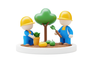 Two figurines in construction hats tending to plants and a tree in a small garden setting. png